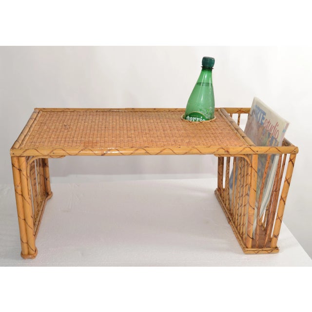1970s Bohemian Handwoven Reed Caning Bamboo Breakfast Bed Tray Table Cup Book Holder For Sale In Miami - Image 6 of 12