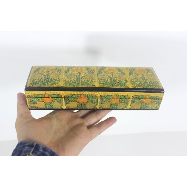 Vintage Kashmir Papier Maché Trinket Box, Hand Painted 22ct Gold Lacquered Jewelry Storage For Sale - Image 11 of 11