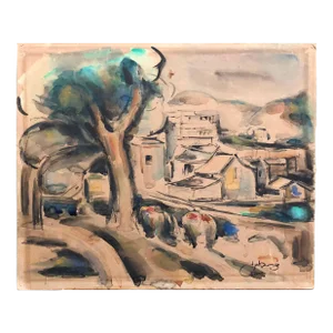 Vintage Dov Bousani Abstract Landscape Watercolor Painting