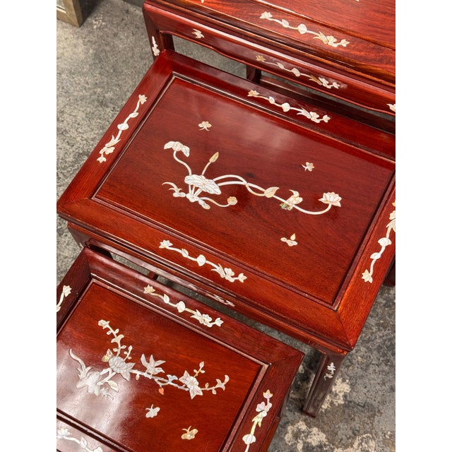Late 20th Century Asian Rosewood + Mother of Pearl Inlaid Nesting Tables, Set of Four For Sale - Image 5 of 12