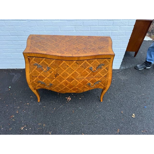 Vintage Italian Rococo Style Burl Wood Marquetry Commode With Cabriole Legs For Sale - Image 10 of 12