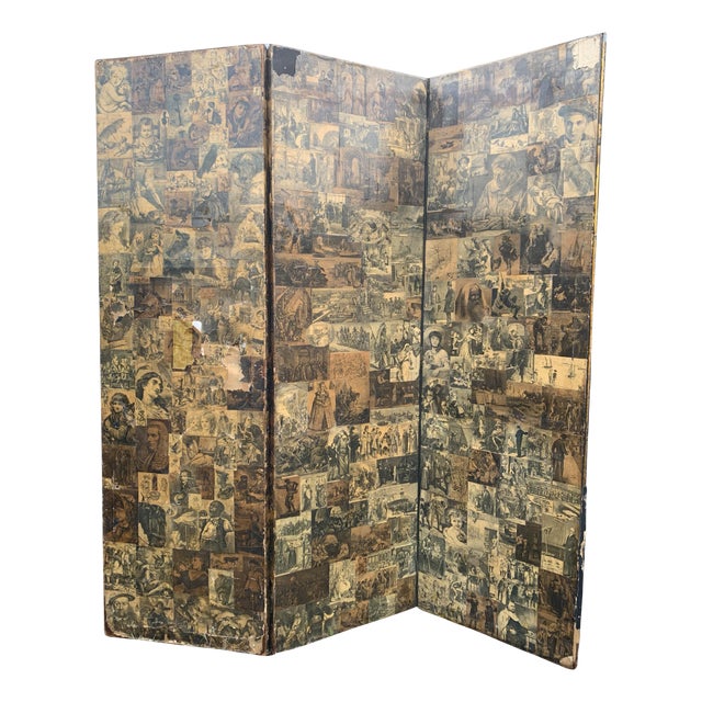 Victorian Three Panel Two Sided Room Divider Decorated with Sepia Decoupage Scenes of the Day For Sale