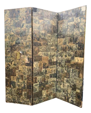 Victorian Three Panel Two Sided Room Divider Decorated with Sepia Decoupage Scenes of the Day
