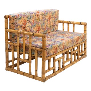 Mid-Century Sofa in Bamboo, Rattan and Fabric attributed to Vivai del Sud, Italy, 1970s For Sale