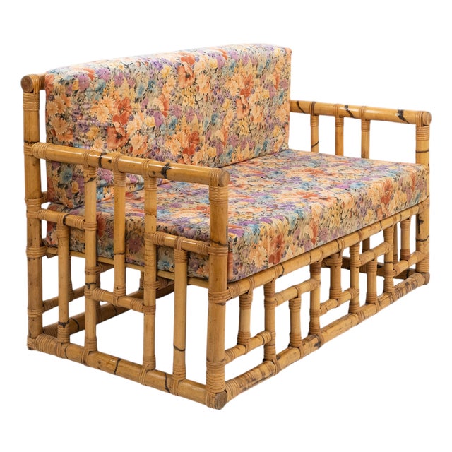 Mid-Century Sofa in Bamboo, Rattan and Fabric attributed to Vivai del Sud, Italy, 1970s For Sale