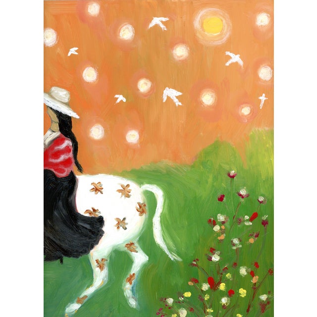 A stunning coral landscape composition with a dynamic birds, horse and rider This is a spontaneous painting completed on...