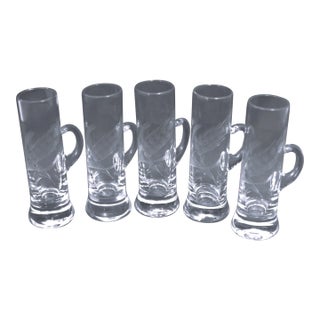 Mid Century Hand Blown Crystal Etched Vodka Cordial Glasses With Applied Handles- Set of 5 For Sale