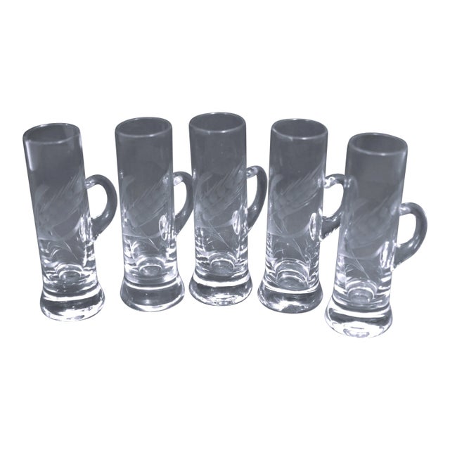 Mid Century Hand Blown Crystal Etched Vodka Cordial Glasses With Applied Handles- Set of 5 For Sale