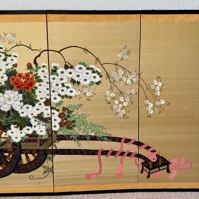 Japanese Vintage Japanese Gold Leaf Flower Cart Byobu Screen For Sale - Image 3 of 12