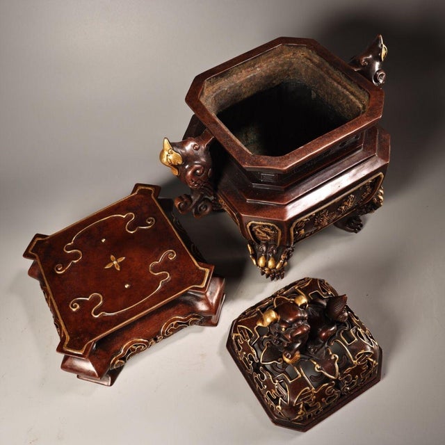 Late 20th Century Late 20th Century Gilt Bronze Hexagonal Incense Burner With Qilin and Dragon Motifs For Sale - Image 5 of 10