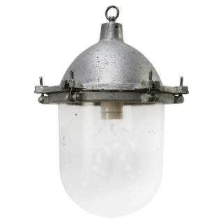 Vintage Industrial Silver Metal and Clear Glass Pendant Light For Sale