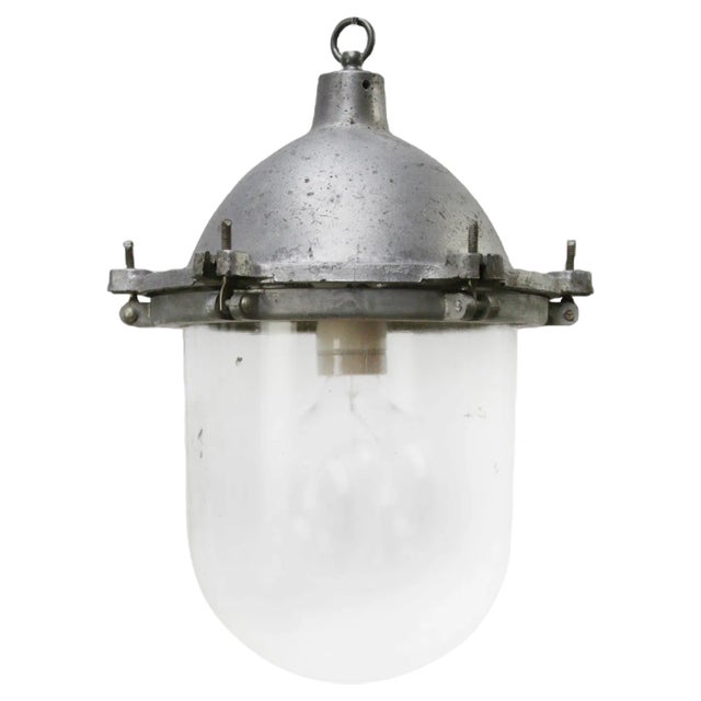 Vintage Industrial Silver Metal and Clear Glass Pendant Light For Sale