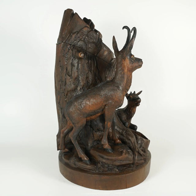 Brown Late 19th Century Antique Black Forest Hand Carved Wood Chamois Figural Pipe Holder Stand Tobacco Humidor For Sale - Image 8 of 10