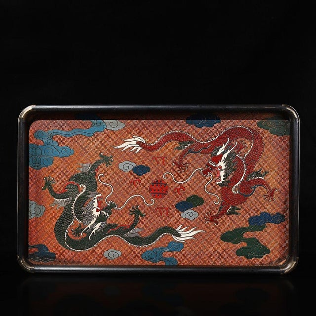Wood Vintage Ebony Wood Rectangular Tray With Cloisonné Double Dragon Panel For Sale - Image 7 of 9