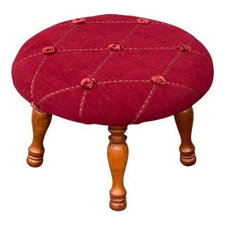 Vintage Round Ruby Red Upholstered Footstool With Turned Maple Legs For Sale