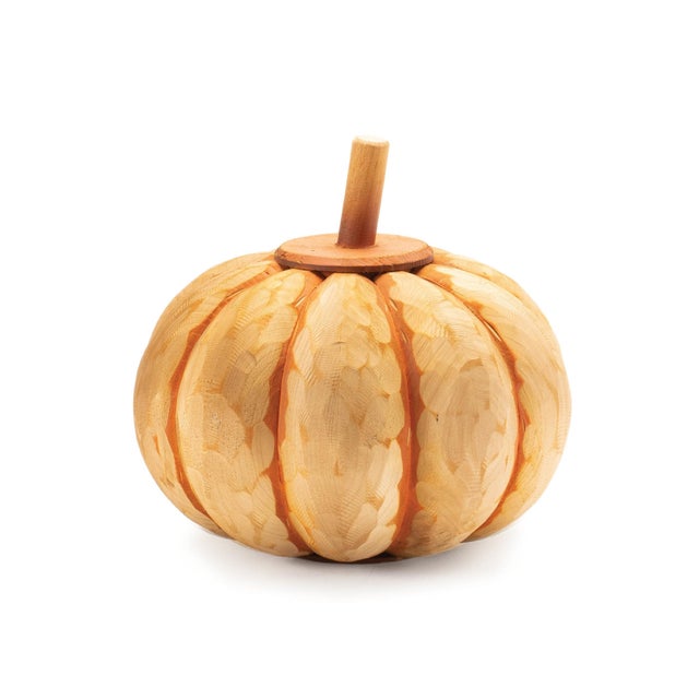 Contemporary Carved Fir Wood Pumpkin Decor (Set of 2) For Sale - Image 3 of 3