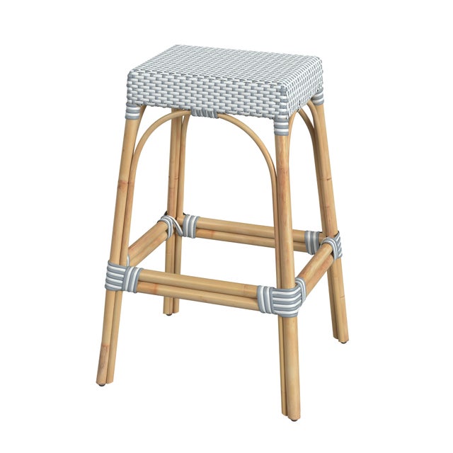 Wood Robias 30 in. Seat Height Rectangular Rattan Backless Bar Stool, White/Sky Blue Dot / Natural Rattan Frame For Sale - Image 7 of 7