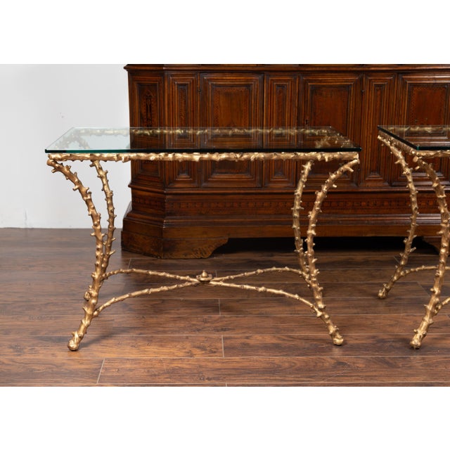 Metal Pair of Midcentury Gilt Bronze Glass Tops Console Tables with Faux Bois Motifs For Sale - Image 7 of 12