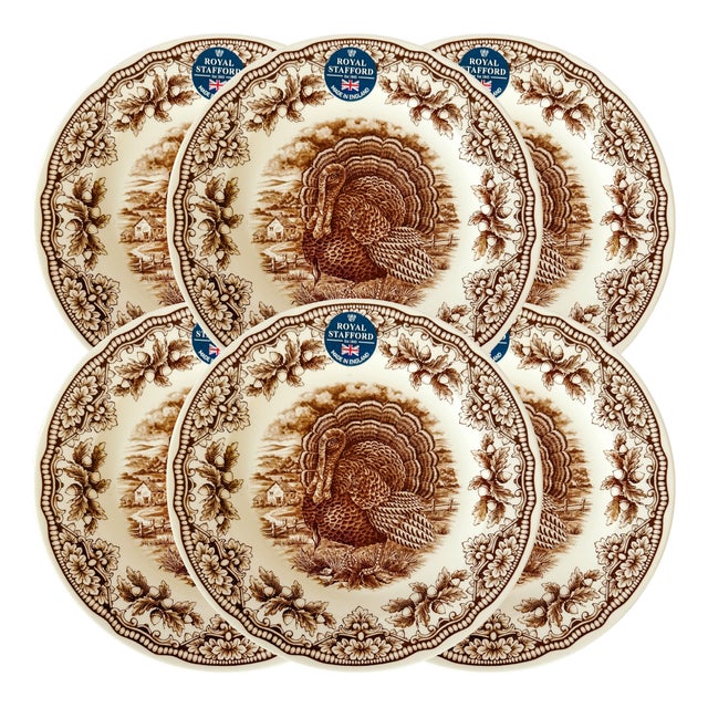 Royal Stafford English Brown Transferware Turkey Thanksgiving Dinner Plates - Set of 6 For Sale