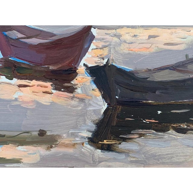 Vintage River Landscape Oil Painting, Boats, Ukrainian Art 26-34,5 For Sale - Image 4 of 6