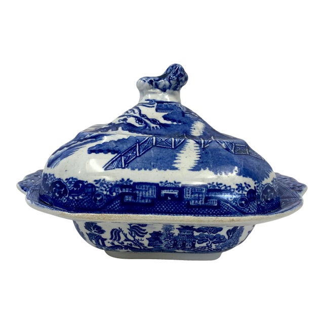 Antique Covered Blue Willow Tureen /Serving Bowl From England - Circa 1900 For Sale