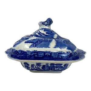 Antique Covered Blue Willow Tureen /Serving Bowl From England - Circa 1900