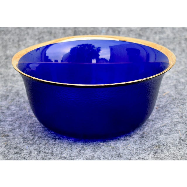 Vintage Cobalt Blue Glass Bowl Gold Rim Textured Pebble Art Glass For Sale - Image 11 of 15