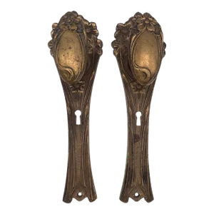 Pair of 1900s Floral French Bronze Art Nouveau Antique Doorknob & Plate Sets