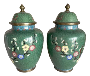 Pair of Chinese Cloisonné Ginger Jars With Brass Finials, Green Floral Enamel, Late 20th Century