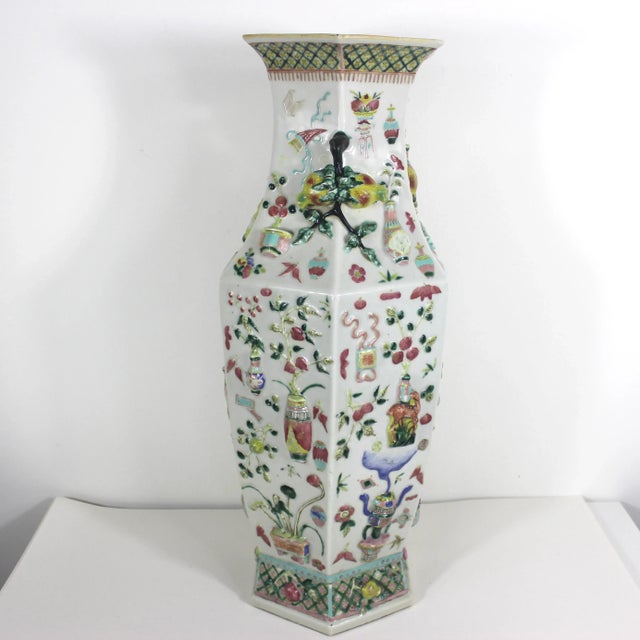 Vintage Chinese Floor Vase With Raised Precious Objects Details Famille Rose For Sale - Image 4 of 12