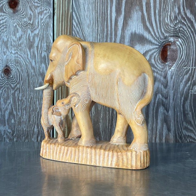 Vintage Boho Hand Carved Elephants Sculpture For Sale In West Palm - Image 6 of 8