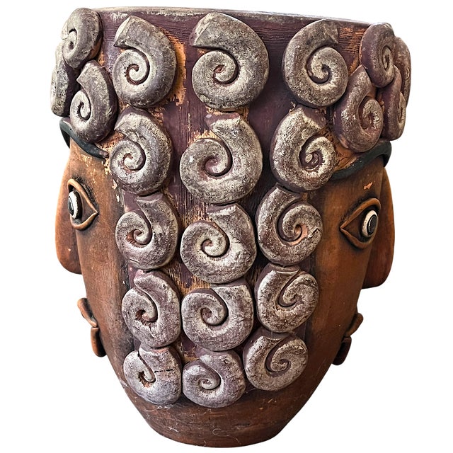 1990s 1960s Monumental Handcrafted Mexican Terra Cotta Janus Head Planter / Vessel With Spiral Relief Motif For Sale - Image 5 of 9