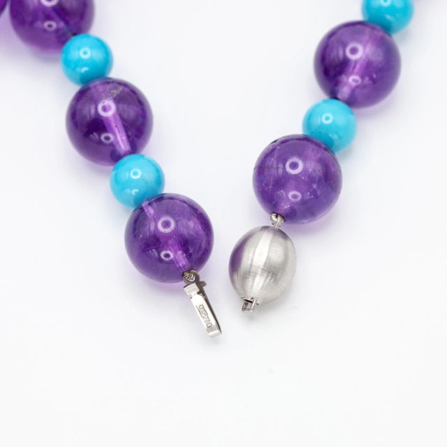 Late 20th Century Large Amethyst and Turquoise Bead Necklace With 18k White Gold Clasp For Sale - Image 13 of 14