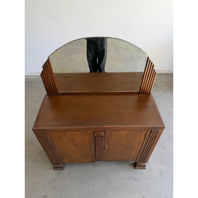 Wood 1940s Art Deco Oak Cabinet With Arched Mirror For Sale - Image 7 of 12