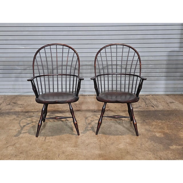 Store Item: Pair of D.R. Dimes Sack Back Windsor Arm Chairs Bench Made Black Crackle Finish Description: Each Chair has a...