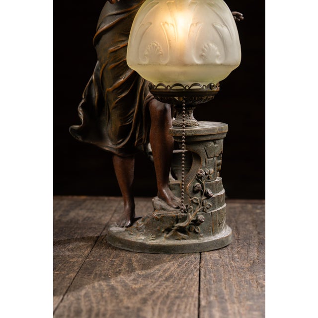 1910s Art Nouveau Figural Lamp With Uranium Glass Shade by Anglade For Sale - Image 9 of 14