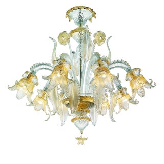 Italian Clear and Gold-Leaf Chandelier with Flowers and Leaves Murano Glass by Simoeng For Sale