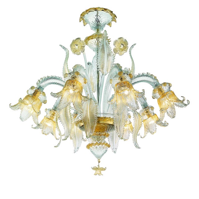 Italian Clear and Gold-Leaf Chandelier with Flowers and Leaves Murano Glass by Simoeng For Sale