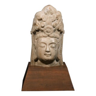 18th Century Antique Chinese Hand Carved Marble Head of Guanyin Sculpture For Sale