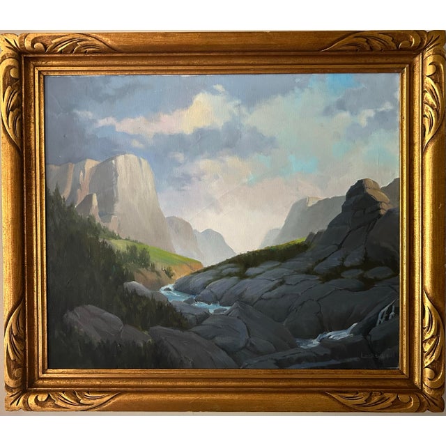 Impressionist Vintage Oil Painting of a Rocky Mountain Landscape in Gold Frame Signed Lockwood For Sale - Image 3 of 6