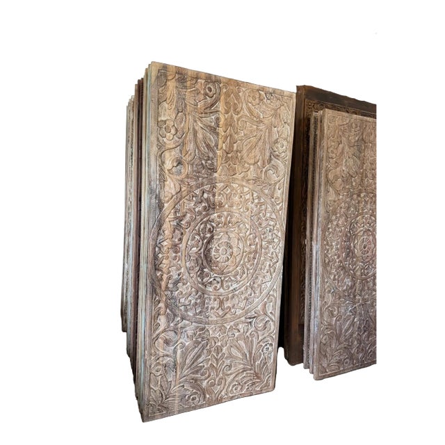 Vintage Lotus Mandala Carved Barn Door – Reclaimed Wood Boho Wall Panel 80x36 For Sale