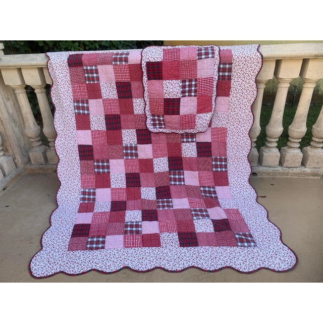 Vintage 1994 Rustic Floral & Gingham Patchwork Twin Size Quilt & Sham For Sale - Image 10 of 12