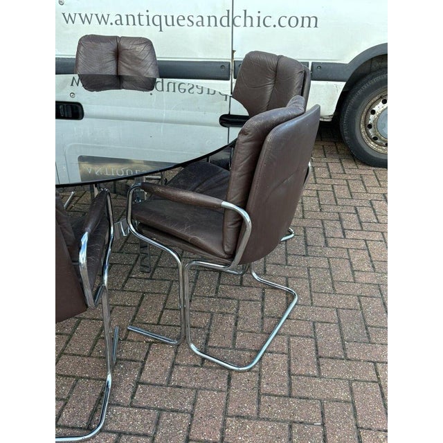 Chrome Table & Brown Leather & Chrome Pieff Chairs by Richard Young for Merrow, Set of 7 For Sale - Image 17 of 18