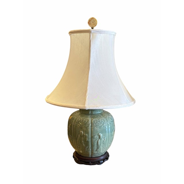 Enhance your space with this stunning pair of Chinese celadon-glazed ceramic table lamps. Crafted in a classic ginger jar...