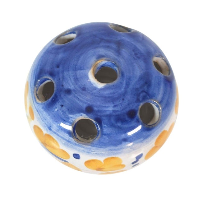 Ceramic Vintage Italian Hand-Painted Blue & Yellow Floral Ceramic Flower Frog Bud Vase For Sale - Image 7 of 13