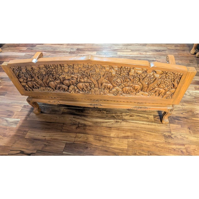 Wood Pure Forest Teakwood Highly Engraved Thailand Living Room 8-Piece Antique Furniture With Glass Tops , Pillows and Cusions Included in Addition For Sale - Image 7 of 11
