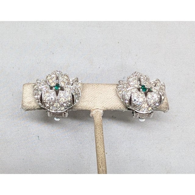 Mid-Century Modern Vintage 1950s Signed Jomaz Pavé Clear Rhinestone & Faux-Sapphire Flower Clip Earrings-2 Pieces For Sale - Image 3 of 8