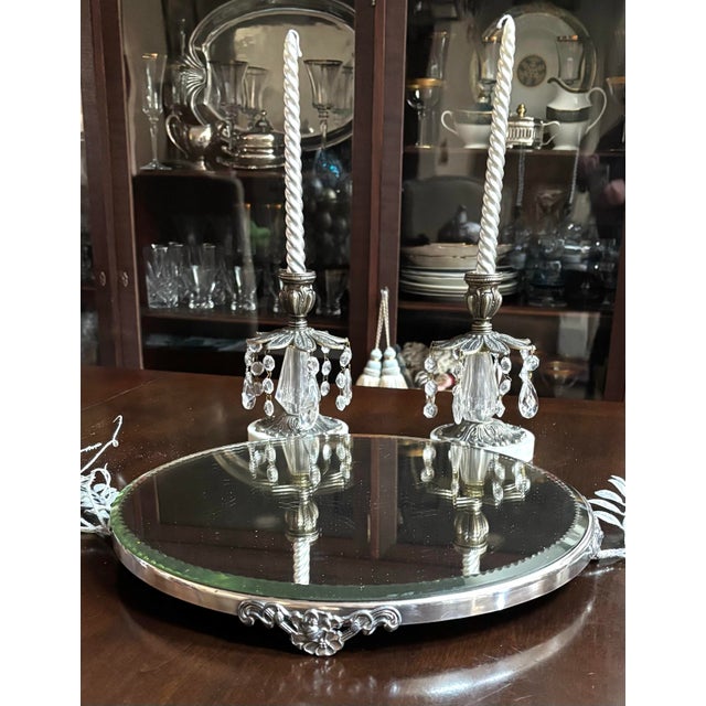 Art Nouveau Beautiful Vintage 14” Mirror Glass Plateau Stand Tray With Floral SilverPlate Border For Sale - Image 3 of 10