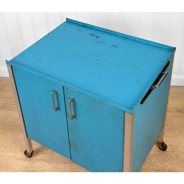 Blue Vintage Industrial Blue Steel Rolling Cart Cabinet For Sale - Image 8 of 15