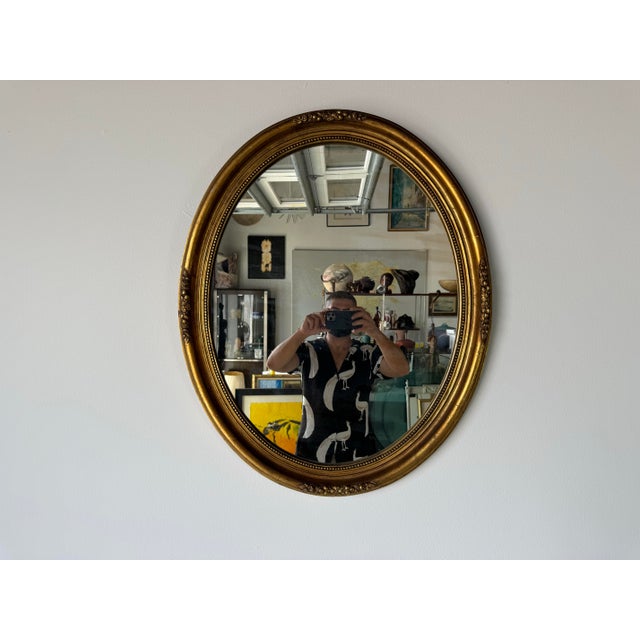 Hollywood Regency Vintage Hollywood Regency French - Style Gold Wood Oval Wall Mirror For Sale - Image 3 of 9